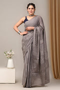 Grey & Off-White Floral Booti Hand Block Printed Mul Cotton Saree With Blouse Piece