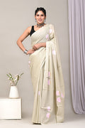Beige & Pink Floral Motif Hand Block Printed Mul Cotton Saree With Blouse Piece