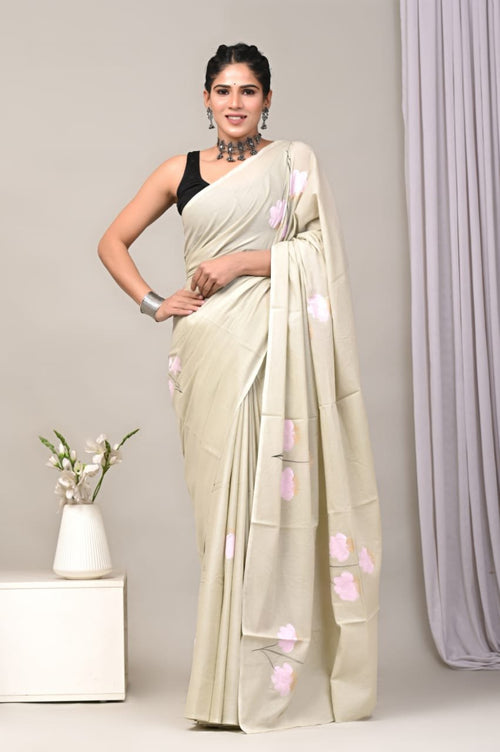 Beige & Pink Floral Motif Hand Block Printed Mul Cotton Saree With Blouse Piece