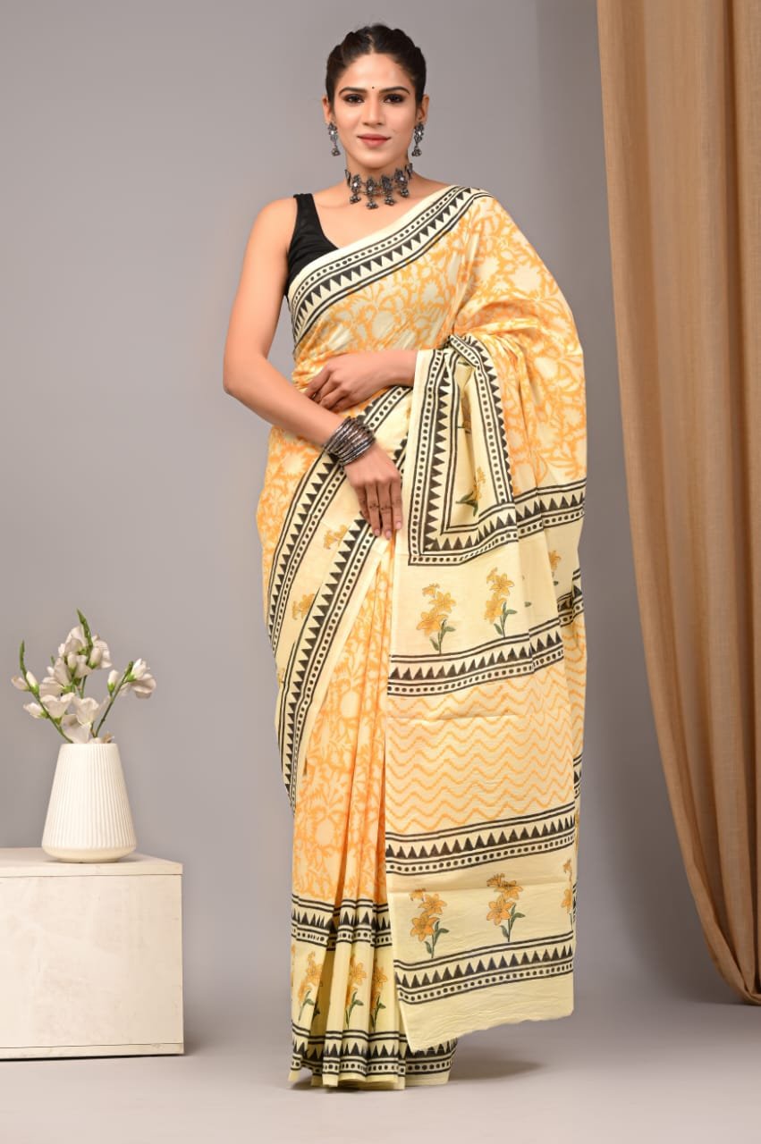 Mul Cotton Hand Block Printed Saree With Blouse Piece