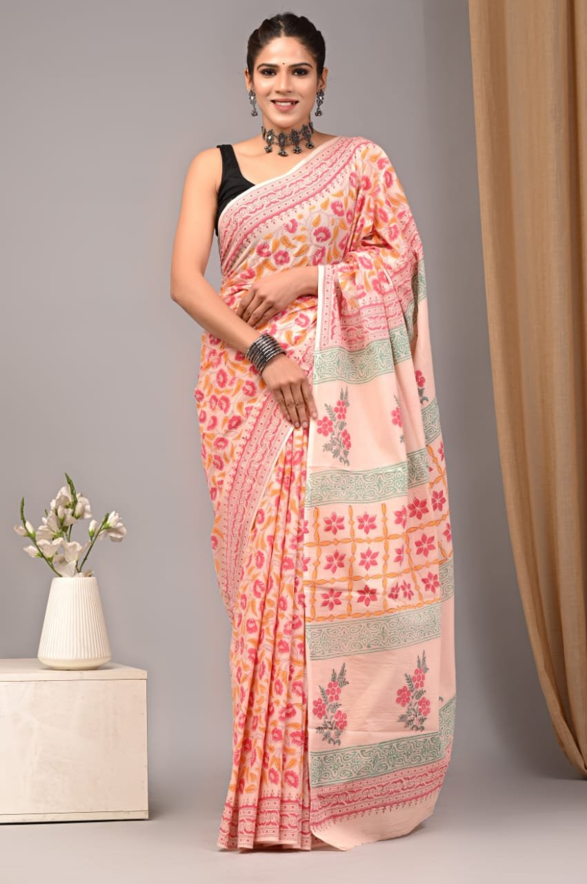 Mul Cotton Hand Block Printed Saree With Blouse Piece