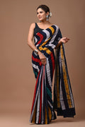 Navy Blue & White Geometric Stripe Hand Block Printed Mul Cotton Saree With Blouse Piece