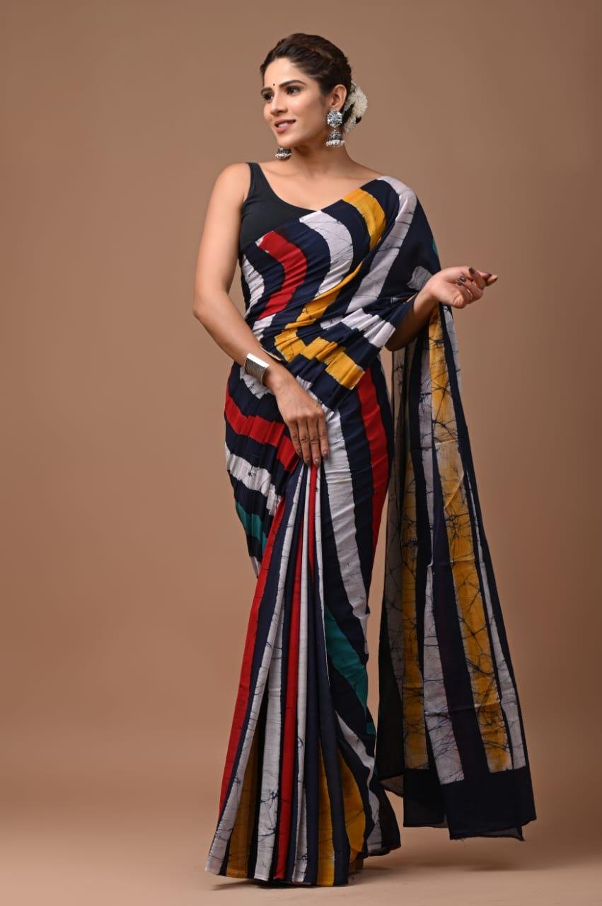 Mul Cotton Hand Block Printed Saree With Blouse Piece
