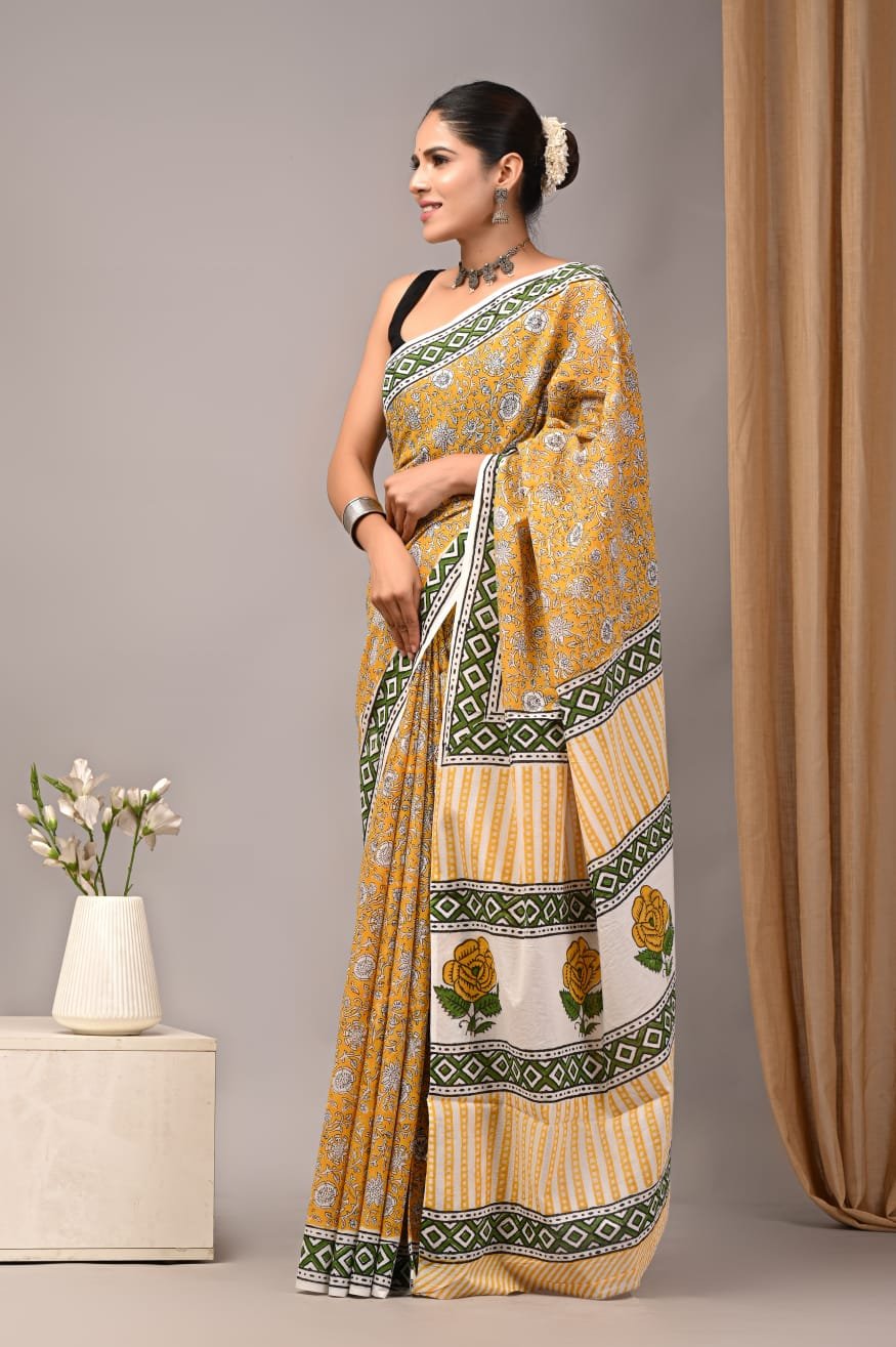 Mul Cotton Hand Block Printed Saree With Blouse Piece