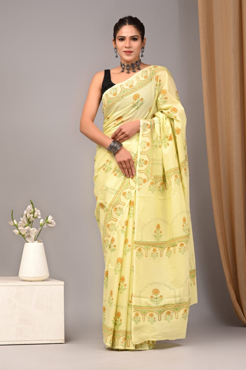 Mul Cotton Hand Block Printed Saree With Blouse Piece