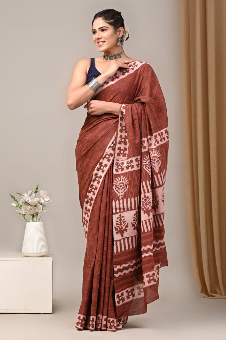 Mul Cotton Hand Block Printed Saree With Blouse Piece