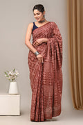 Rust Brown & Off-White Geometric Buti Bagru Hand Block Printed Mul Cotton Saree With Blouse Piece