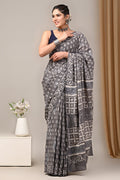 Grey & Off-White Leaf Motif Bagru Hand Block Printed Mul Cotton Saree With Blouse Piece