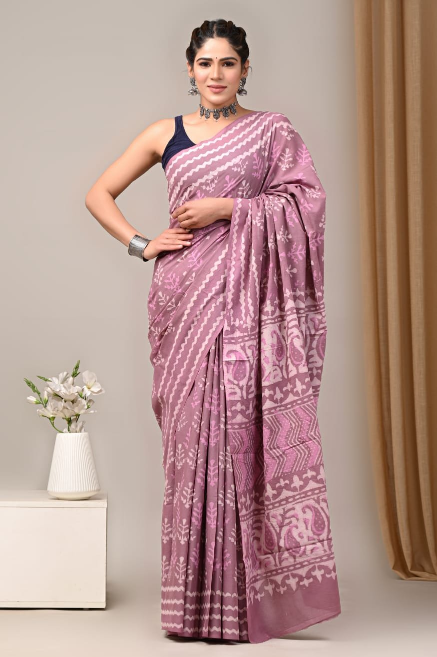 Mul Cotton Hand Block Printed Saree With Blouse Piece