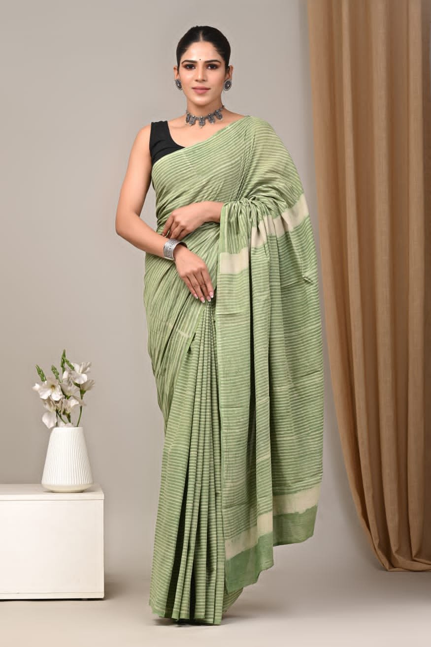 Mul Cotton Hand Block Printed Saree With Blouse Piece