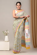 Yellow & White Floral Jaal Bagru Hand Block Printed Mul Cotton Saree With Blouse Piece