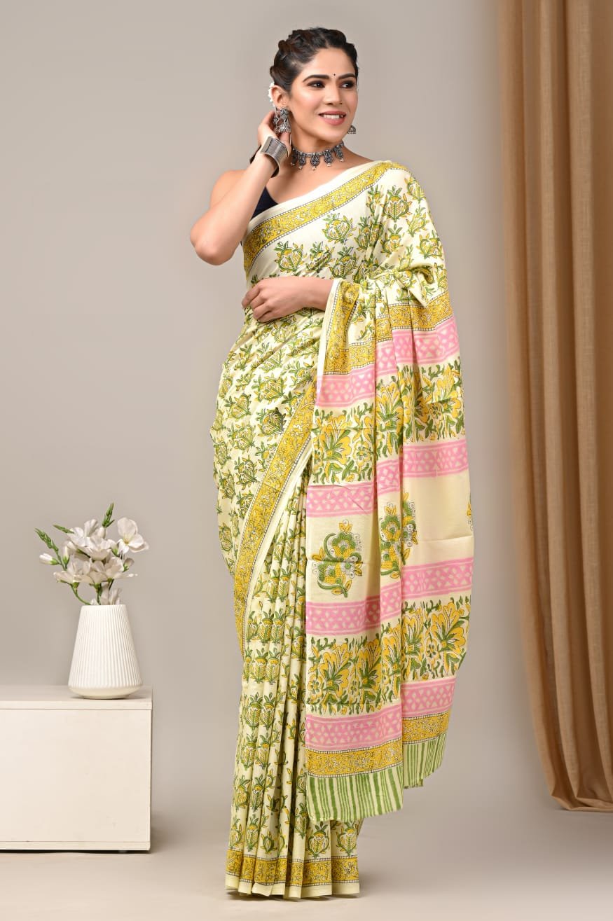 Mul Cotton Hand Block Printed Saree With Blouse Piece