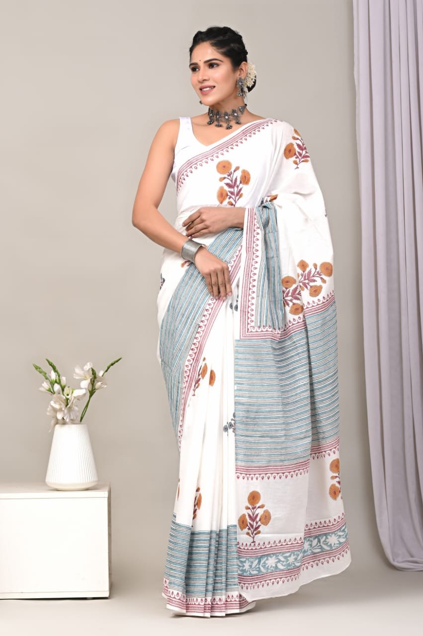 Mul Cotton Hand Block Printed Saree With Blouse Piece