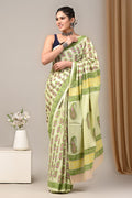 Off-White & Green Paisley Motifs Bagru Hand Block Printed Mul Cotton Saree With Blouse Piece
