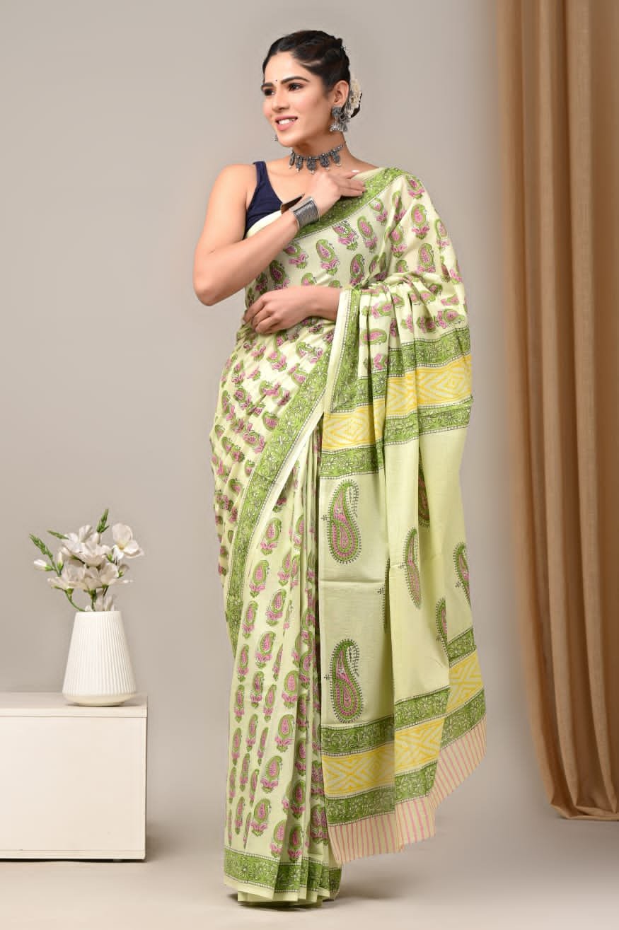 Mul Cotton Hand Block Printed Saree With Blouse Piece