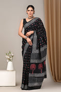 Black & White Geometric Chevron Bagru Hand Block Printed Mul Cotton Saree With Blouse Piece