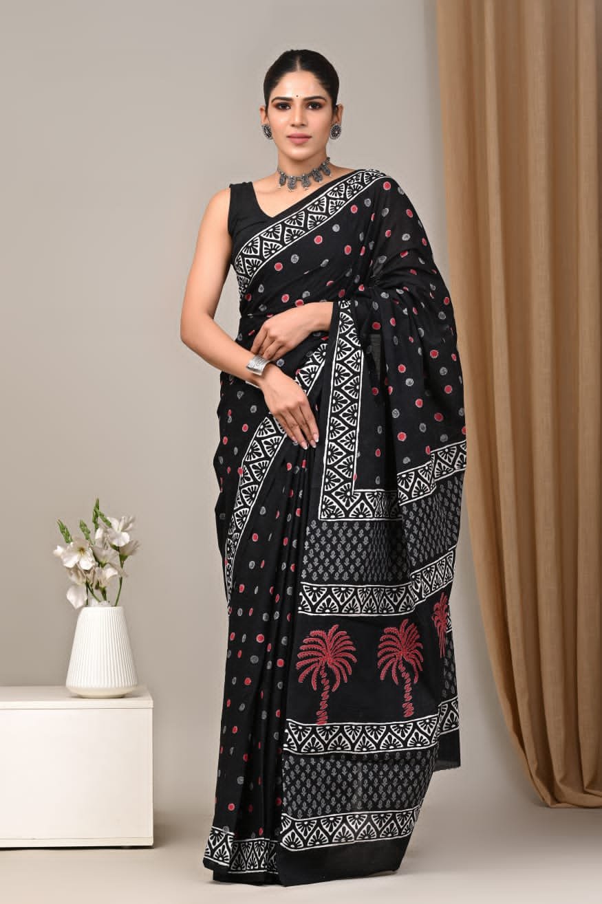 Mul Cotton Hand Block Printed Saree With Blouse Piece