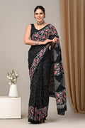 Black & Red Floral Jaal Bagru Hand Block Printed Mul Cotton Saree With Blouse Piece