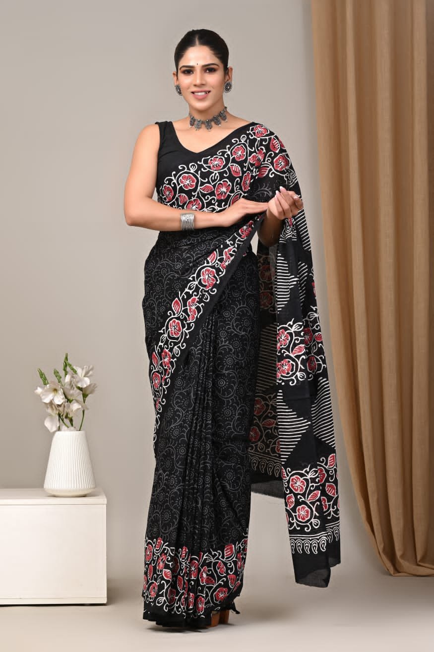Mul Cotton Hand Block Printed Saree With Blouse Piece