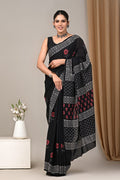 Black & White Floral Motifs Bagru Hand Block Printed Mul Cotton Saree With Blouse Piece