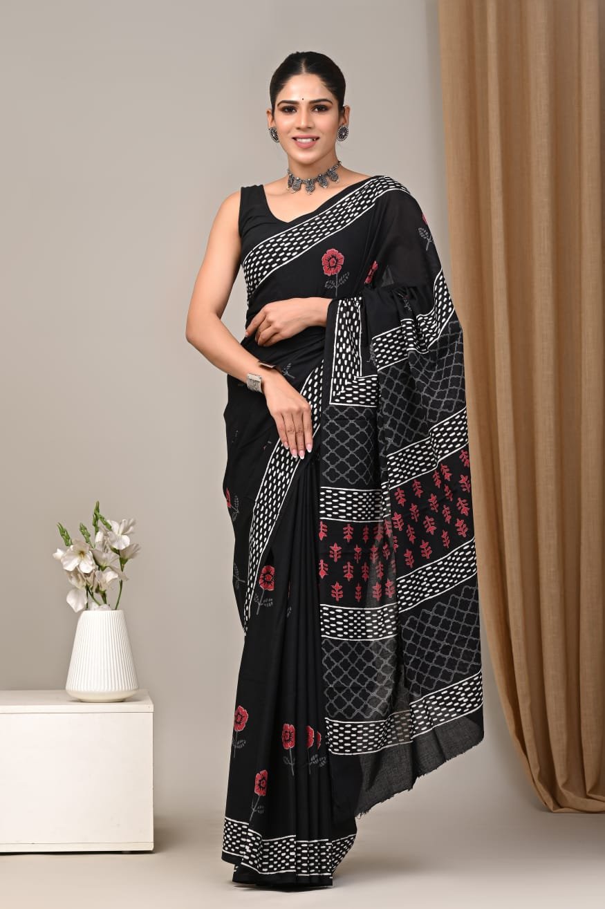 Mul Cotton Hand Block Printed Saree With Blouse Piece