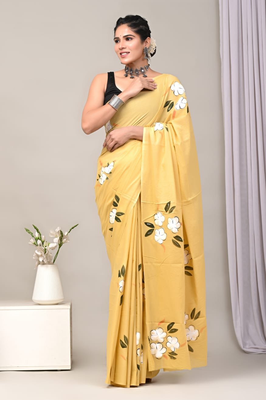 Mul Cotton Hand Block Printed Saree With Blouse Piece