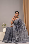Charcoal Grey & Off-White Geometric Buti Bagru Hand Block Printed Mul Cotton Saree With Blouse Piece