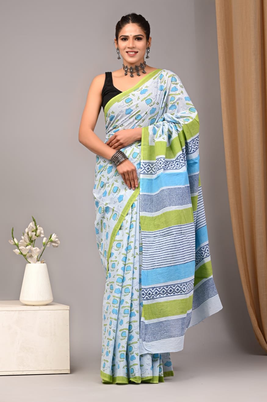 Mul Cotton Hand Block Printed Saree With Blouse Piece