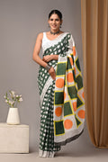 Dark Green & Off-White Elephant Motif Bagru Hand Block Printed Mul Cotton Saree With Blouse Piece