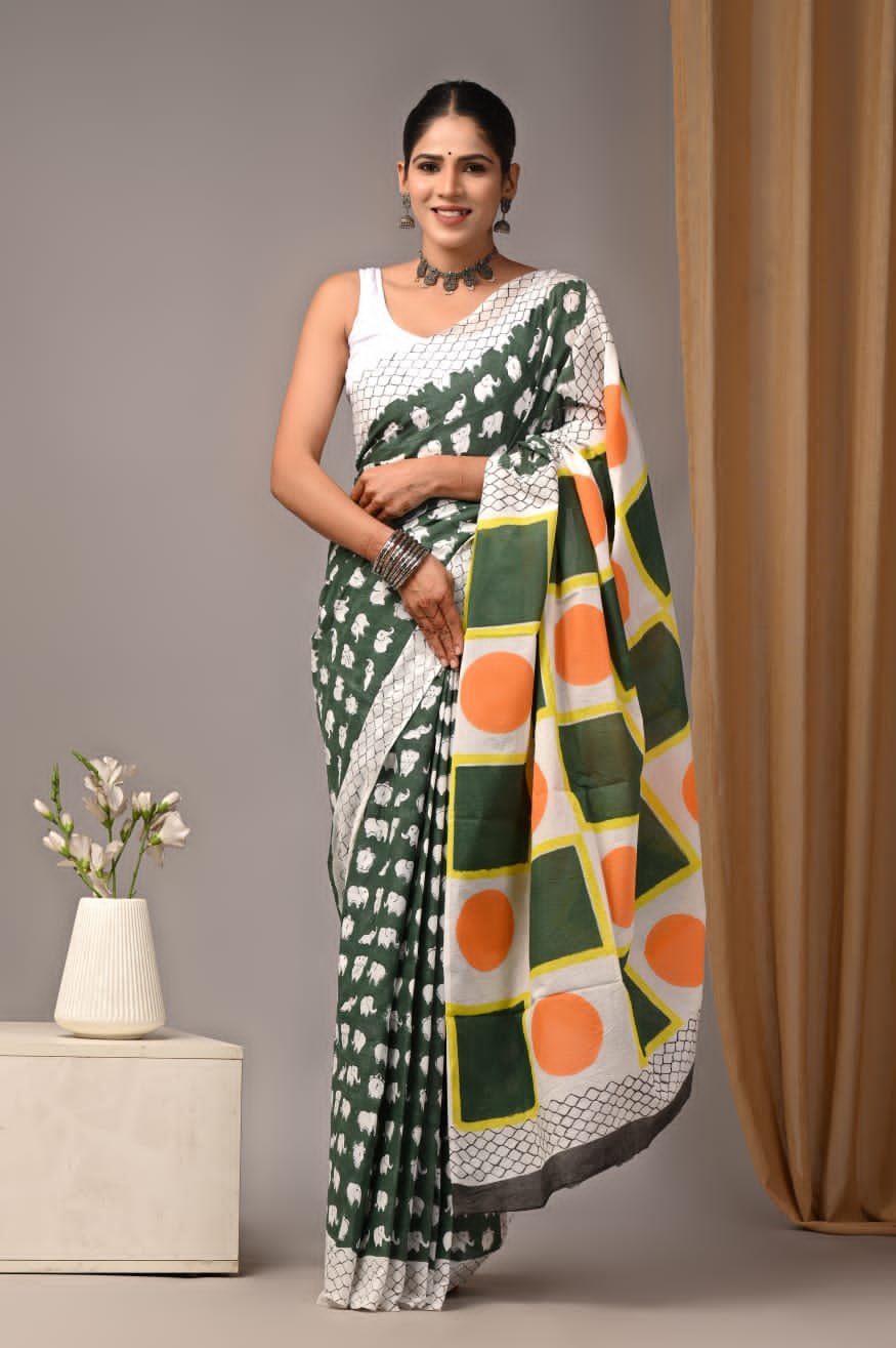 Mul Cotton Hand Block Printed Saree With Blouse Piece
