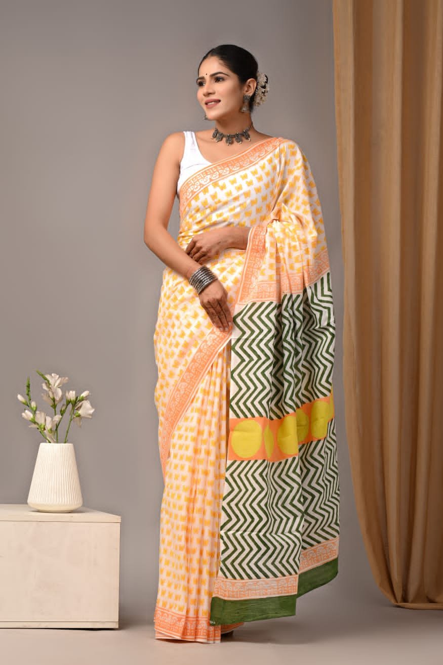 Mul Cotton Hand Block Printed Saree With Blouse Piece