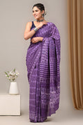 Purple & White Floral Block Print Hand Block Printed Mul Cotton Saree With Blouse Piece