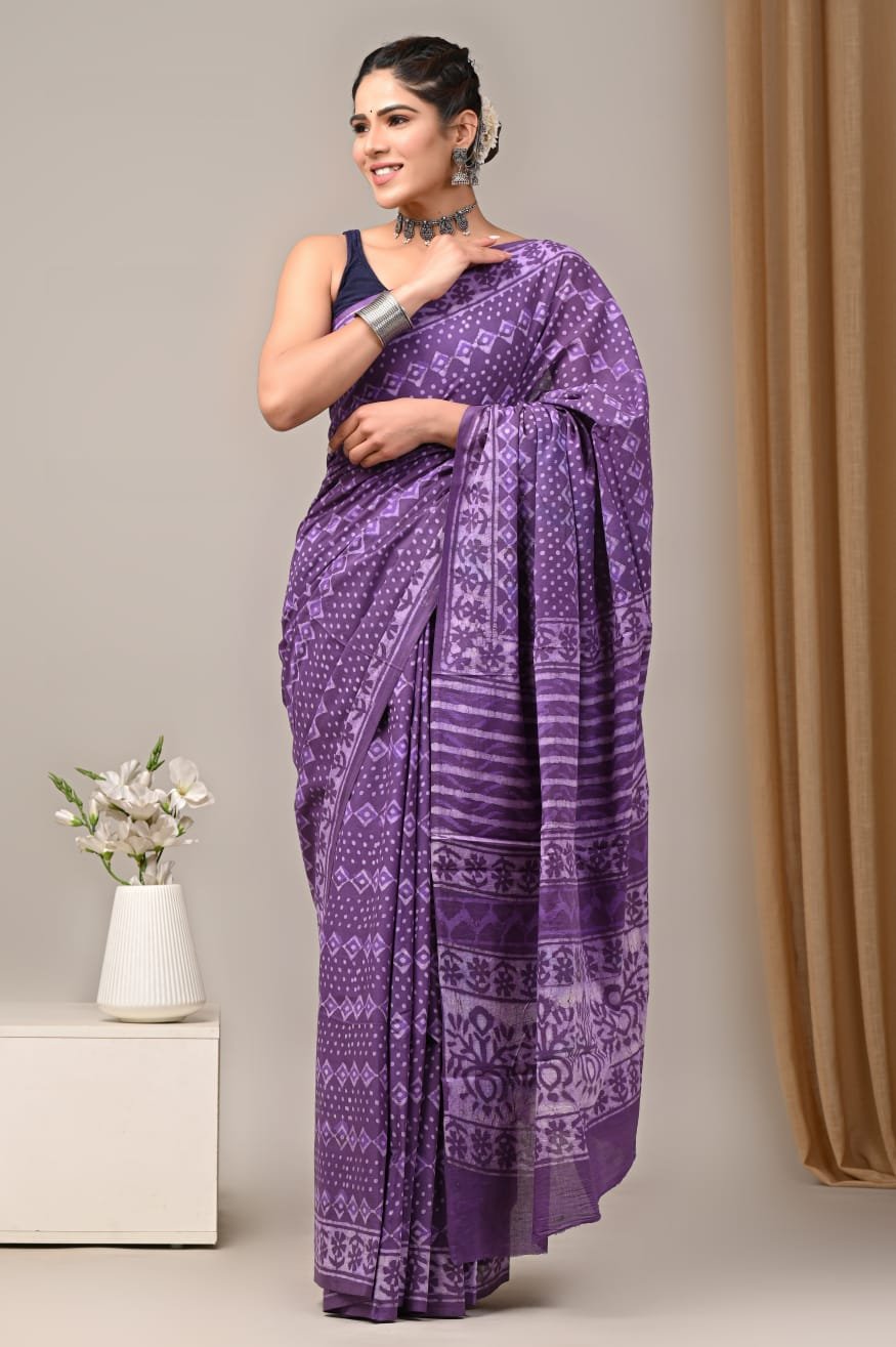 Mul Cotton Hand Block Printed Saree With Blouse Piece