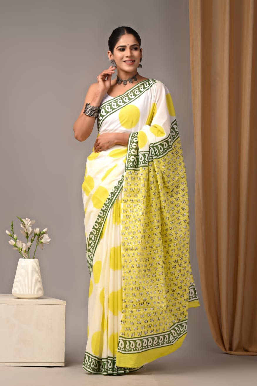 Mul Cotton Hand Block Printed Saree With Blouse Piece
