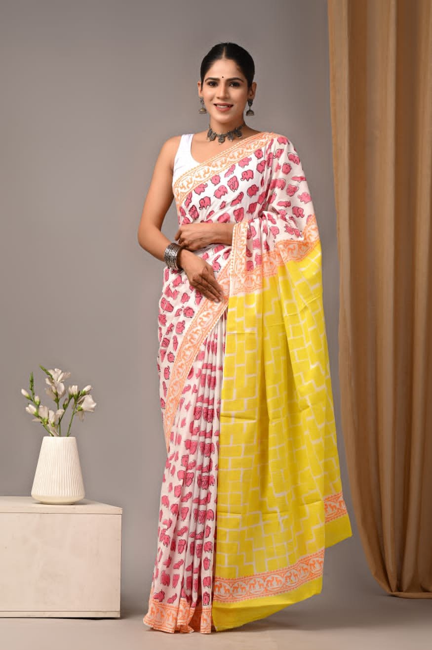Mul Cotton Hand Block Printed Saree With Blouse Piece