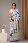 Indigo Blue & White Elephant Motif Bagru Hand Block Printed Mul Cotton Saree With Blouse Piece