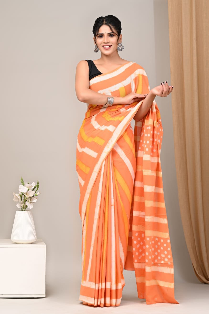 Mul Cotton Hand Block Printed Saree With Blouse Piece