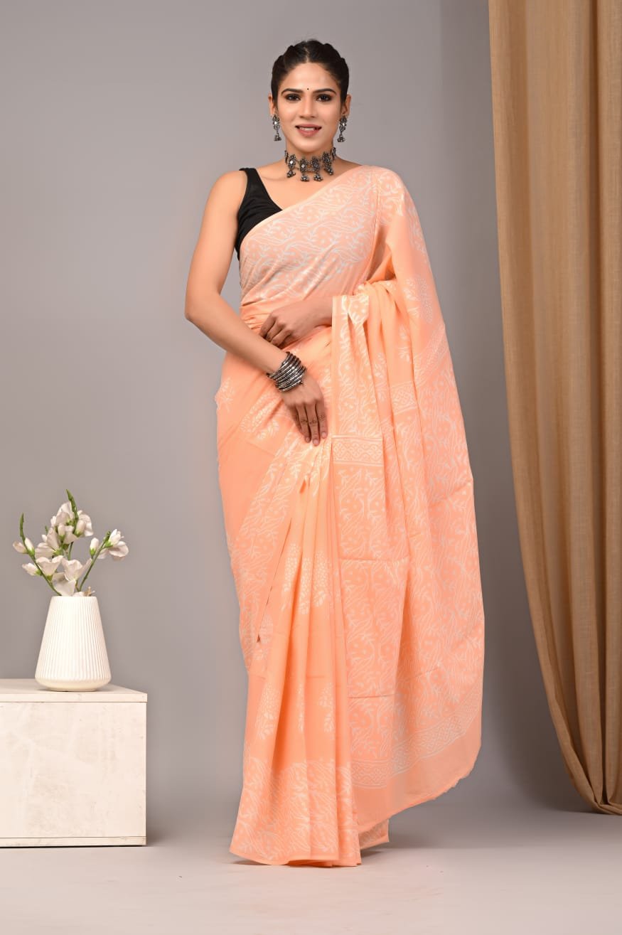 Mul Cotton Hand Block Printed Saree With Blouse Piece