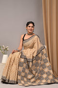 Mul Cotton Hand Block Printed Saree With Blouse Piece