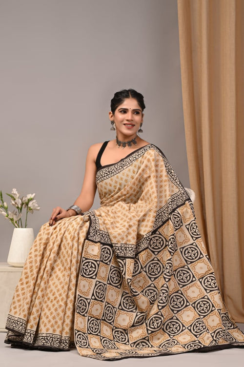 Beige & Black Geometric Block Print Bagru Hand Block Printed Mul Cotton Saree With Blouse Piece