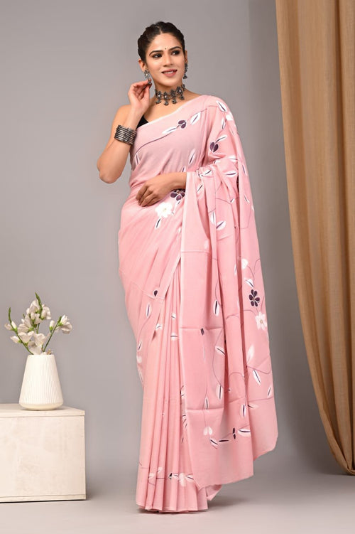 Baby Pink & White Floral Leaf Motif Bagru Hand Block Printed Mul Cotton Saree With Blouse Piece