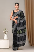 Black & Off-White Floral Leaf Motif Bagru Hand Block Printed Mul Cotton Saree With Blouse Piece