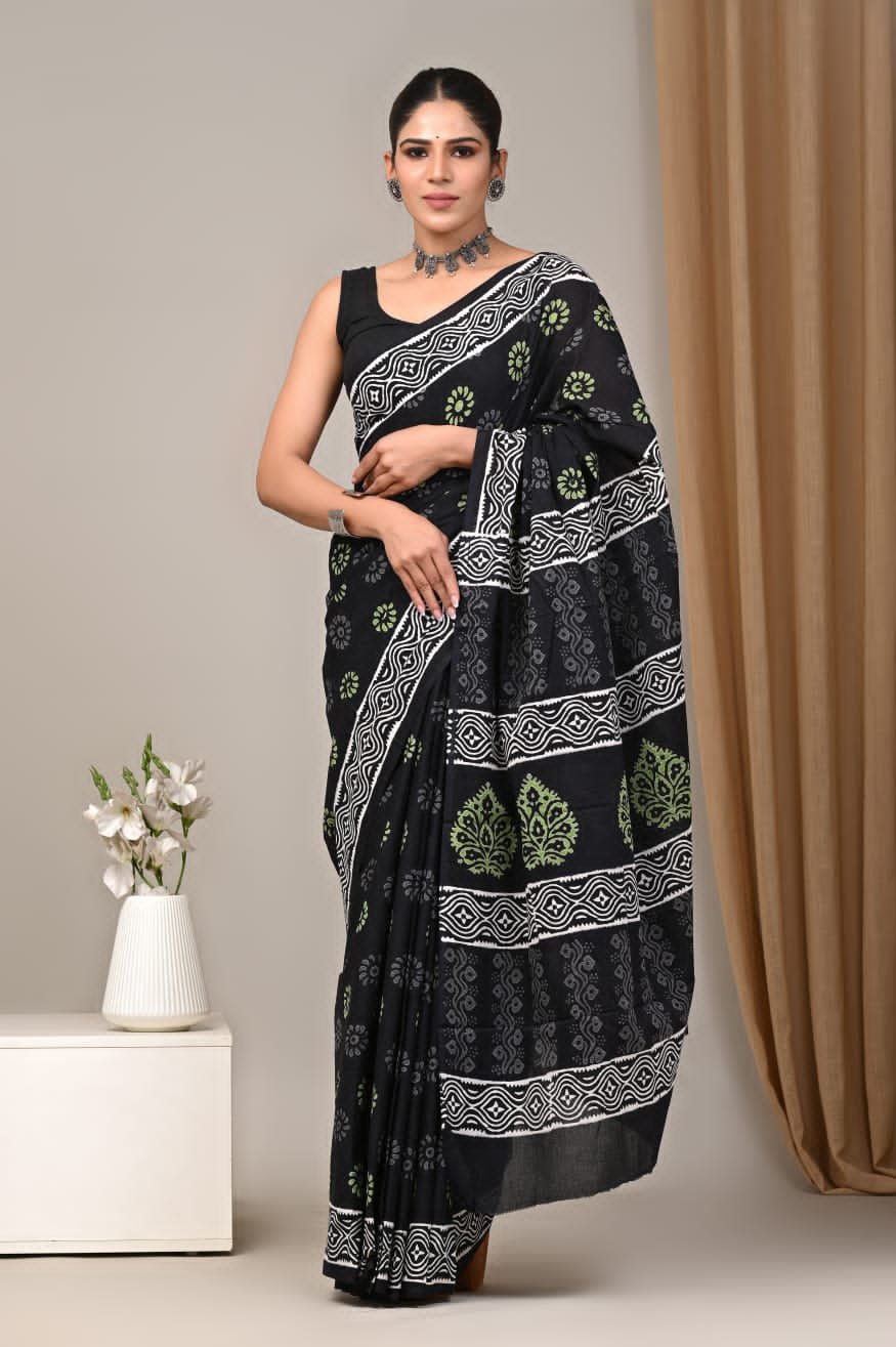 Mul Cotton Hand Block Printed Saree With Blouse Piece