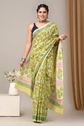 Olive Green & Cream Floral Jaal Bagru Hand Block Printed Mul Cotton Saree With Blouse Piece