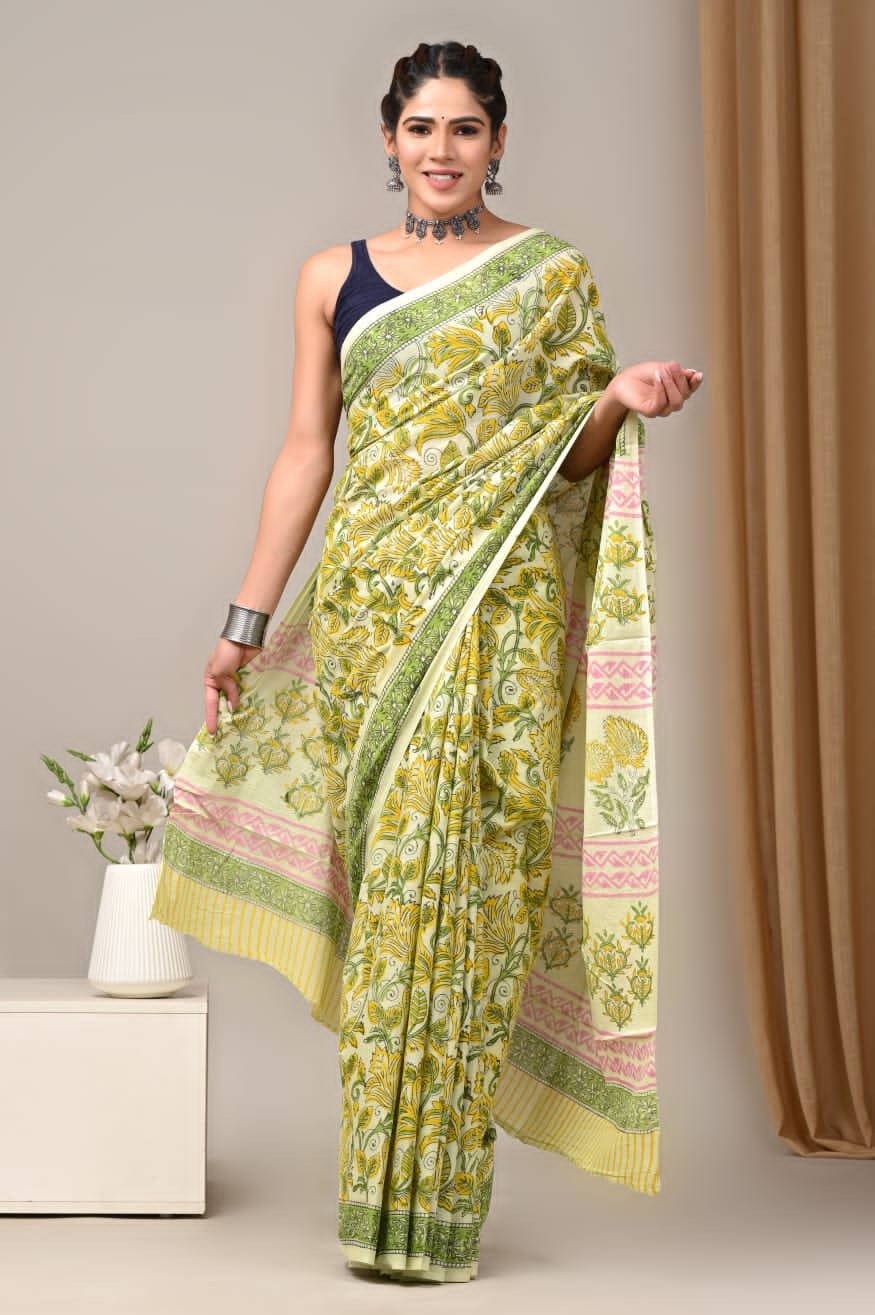 Mul Cotton Hand Block Printed Saree With Blouse Piece