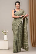 Olive Green & Off-White Leaf Motif Bagru Hand Block Printed Mul Cotton Saree With Blouse Piece