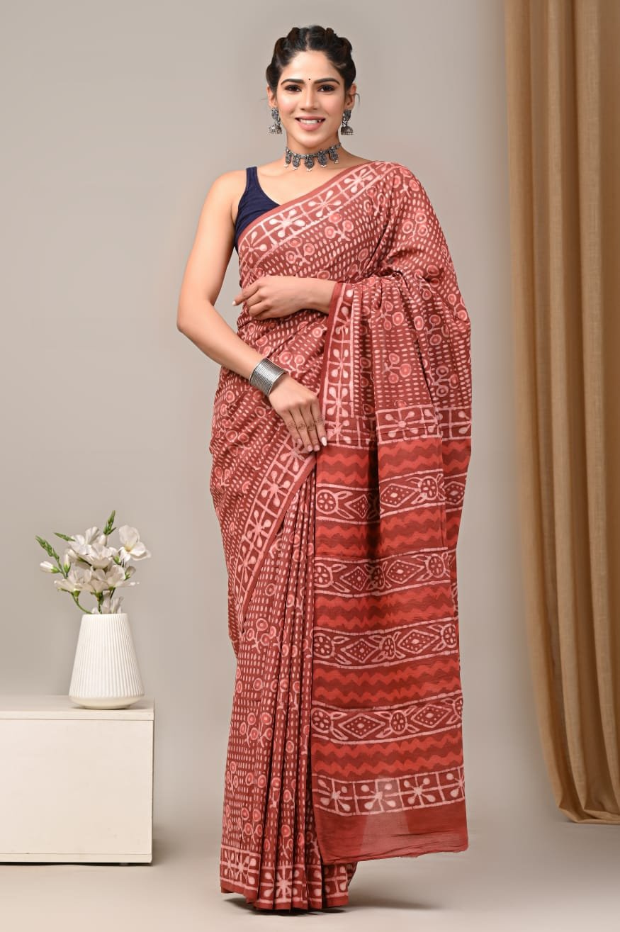 Mul Cotton Hand Block Printed Saree With Blouse Piece