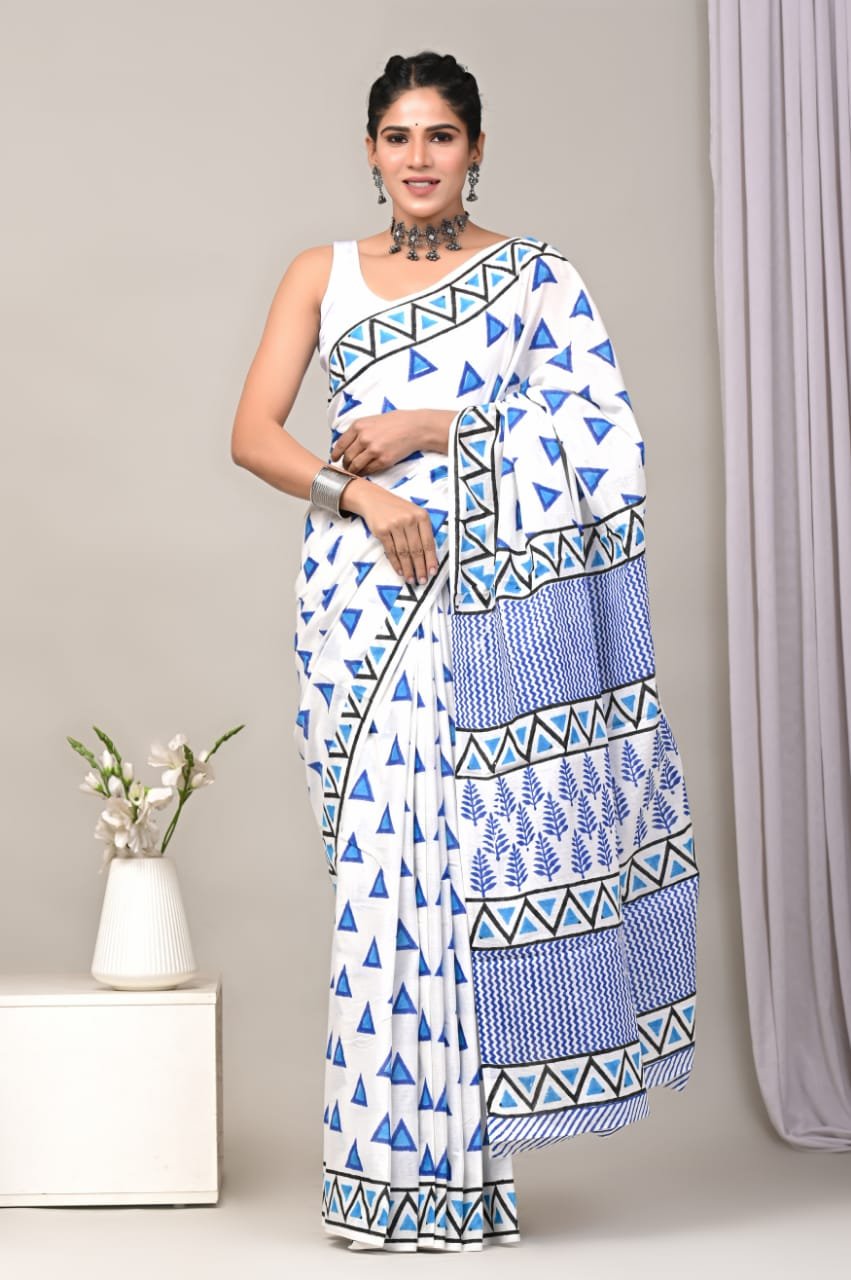 Mul Cotton Hand Block Printed Saree With Blouse Piece