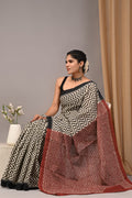 Black & Off-White Geometric Chevron Bagru Hand Block Printed Mul Cotton Saree With Blouse Piece