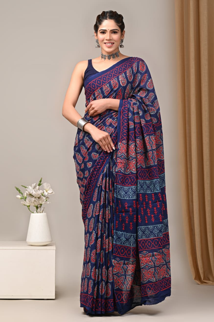 Mul Cotton Hand Block Printed Saree With Blouse Piece
